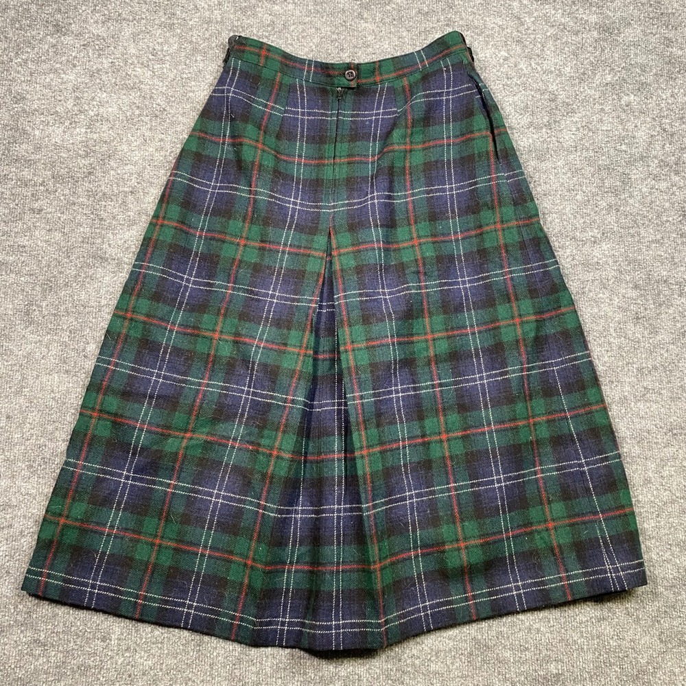 The Woolrich Woman Vintage Plaid Wool Midi Skirt Green Blue Tartan USA Made 27W‎ - Picture 2 of 8